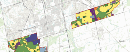 Cropped section of a map of Barrie showing land use