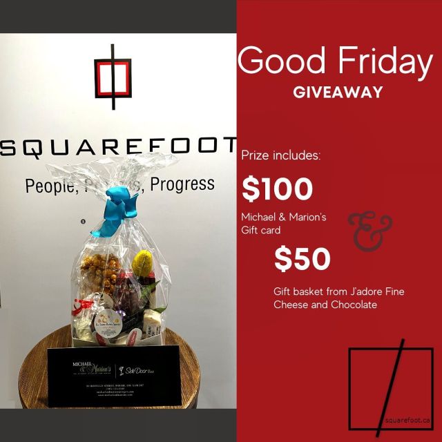 🚨 Good Friday Giveaway 🚨
 
Spring is here and what better way to celebrate than a giveaway?
 
Prize:
$100 Gift Card to Michael and Marions / Side Door
$50 Gift Basket from J'adore Fine Cheese and Chocolate
 
To Enter:
Follow our account @squarefootcommercial 
Tag 1 friend (unlimited entries)
Like the post
 
BONUS:
If post is shared on stories, you’ll be entered in 3 times. Be sure to tag us so we see it.
 
Contest starts today (April 15th, 2022) and will run until Monday, April 25th, 2022.
Entries must be in before 11 am to qualify. The winner will be chosen at random and will be announced on our story at 4 pm.
 
 
Giveaway is not sponsored, endorsed, administered by, or associated with Instagram
 
#Squarefootcre #Sqaurefoot #Commercialrealestate #CRE #supportlocal #Barrie #SupportBarrieLocal #giveaway #contest #Simcoecounty #GoodFriday